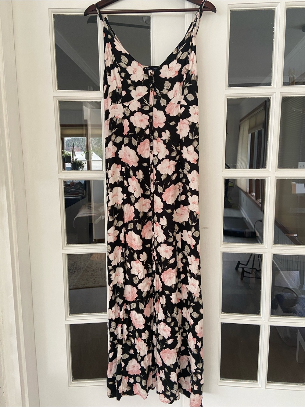 American Eagle Outfitters Button Front Black Maxi Dress with Pink Floral Print